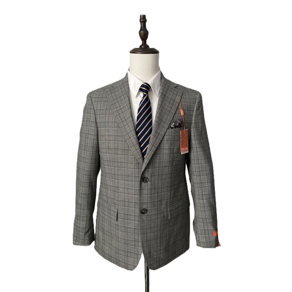 Tallia Suit Jacket Men's 44 Short Stretch Wool Blend Cream/Brown Plaid NEW